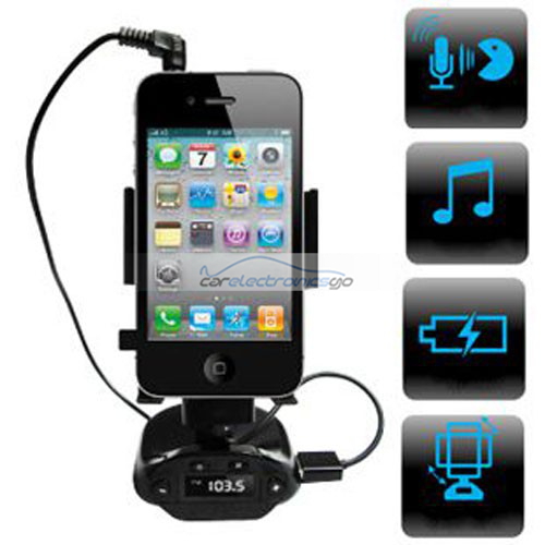 iParaAiluRy® 4-in1 Smart Stand Holder Car Handsfree Kit & FM Transmitter for iPhone & Smartphone - Click Image to Close