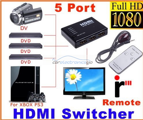 iParaAiluRy® 5 Port 1080P Video HDMI Switch Switcher Splitter for HDTV PS3 DVD with IR Remote