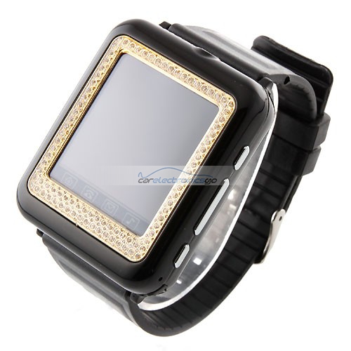 iParaAiluRy® AK09+ Watch Phone MTK6225 with Diamonds Single SIM Card Camera FM Bluetooth 1.6 Inch Touch Screen- Black & Golden - Click Image to Close